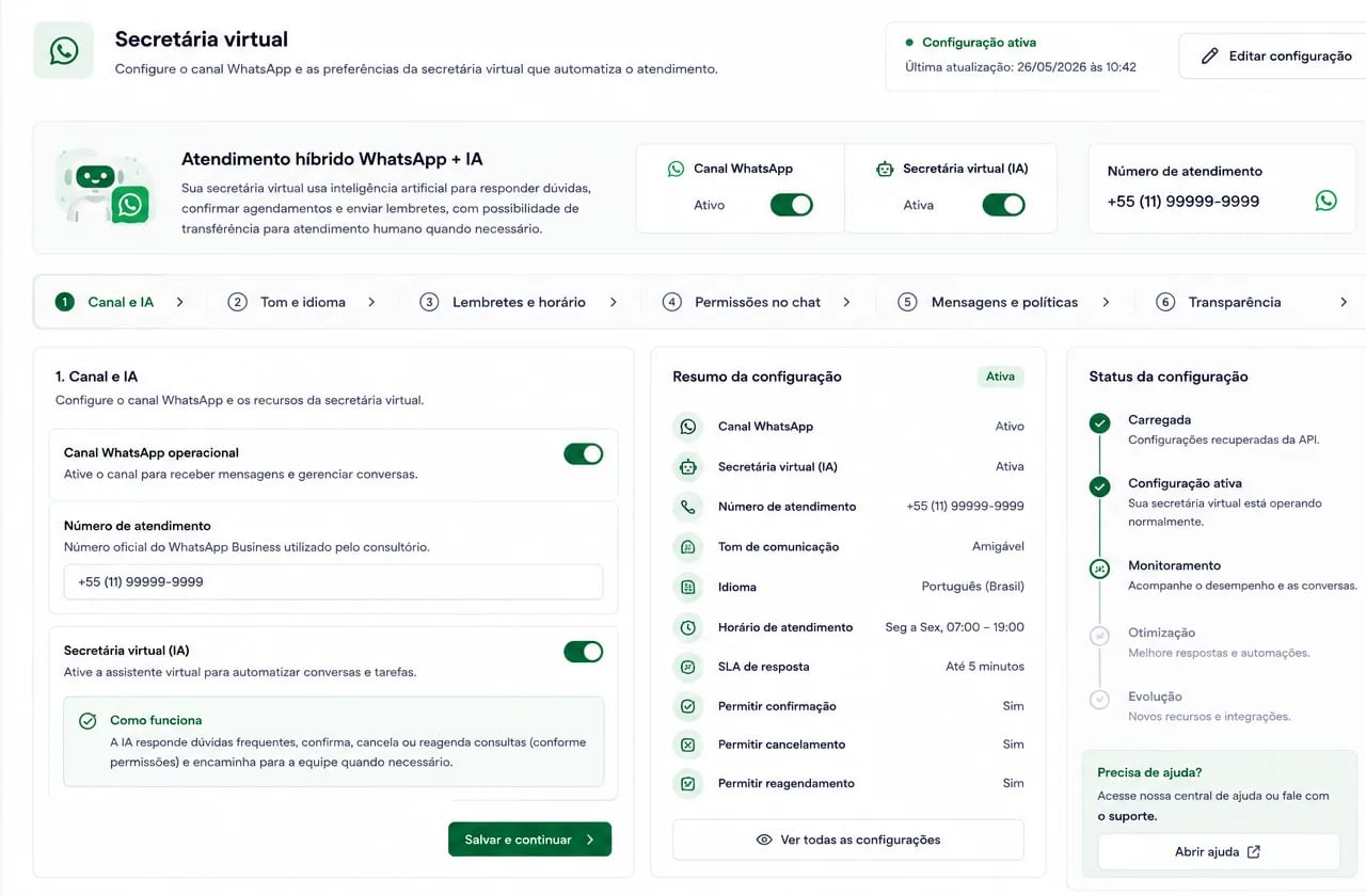 Tela ilustrativa de configuração da secretária virtual, usando dados fictícios